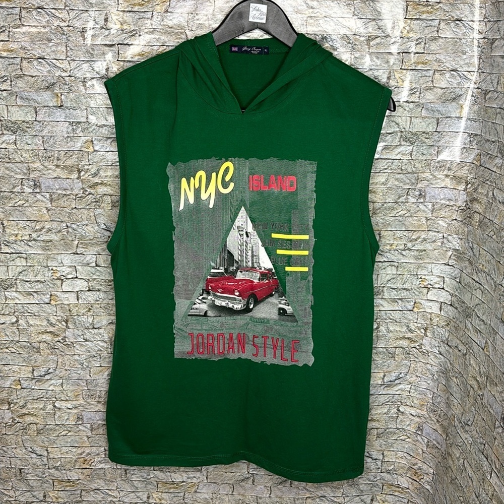 Y2K Sleeveless Hoodie Graphic Tee NYC Streetwear Green Tank XL Mens